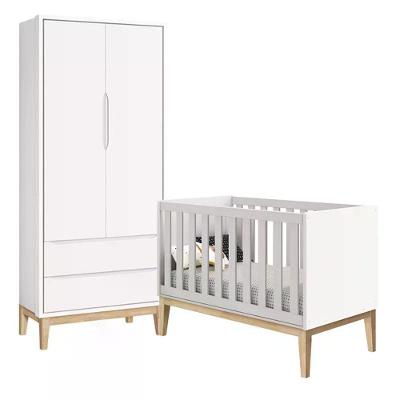 Jogo de Quarto Guarda Roupa 2 Portas e Berço Americano Classic MDF Branco Fosco com Pés em Madeira