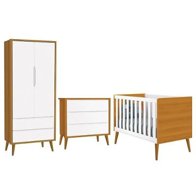 Conjunto de Quarto Theo Retrô com Guarda Roupa e Cômoda e Berço Branco-savana Reller Móveis