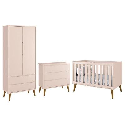 Dormitório Infantil com Guarda Roupa Cômoda e Berço Theo Retrô MDF Colchão Não Acompanha Rosa Fosco