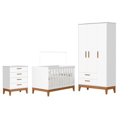Conjunto de Quarto Flip Guarda Roupa 3 Portas Cômoda 4 Gavetas Berço MDF Branco Fosco Reller Móveis