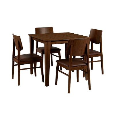 Conjunto de Mesa com 4 Cadeiras 4 Lugares Tampo em Madeira Encosto Courino Marrom 80CM Ágape