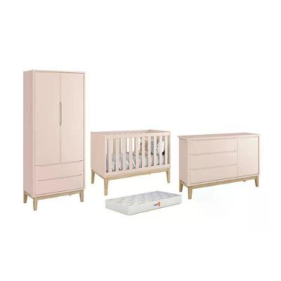 Conjunto de Quarto Classic com Guarda Roupa e Berço Americano e Cômoda e Colchão D18 Rosa Reller