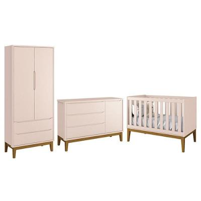 Conjunto de Quarto Classic com Guarda Roupa 2 Portas e Cômoda 1 Porta e Berço MDF Rosa Fosco Reller