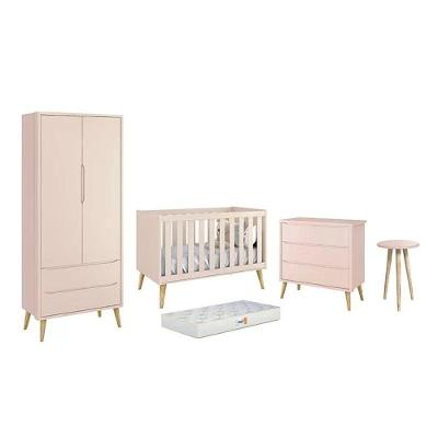 Conjunto de Quarto Theo 2 Portas 3 Gavetas MDF 90CM Rosa Reller Móveis