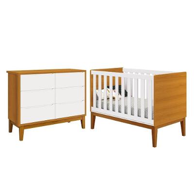 Jogo de Quarto Infantil Cômoda 6 Gavetas e Berço Americano MDF Branco com Pés Amadeirado Reller