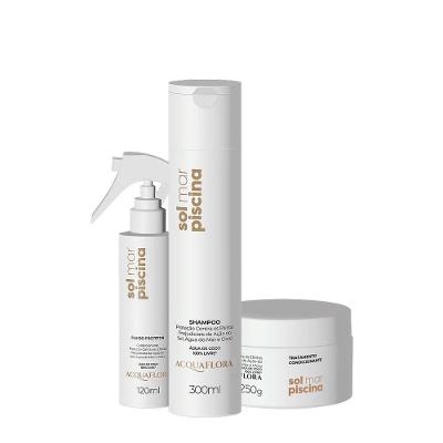 Kit de Tratamento Capilar Sol Mar Piscina Shampoo 300ml Máscara 250g e Leave-in 120ml Acquaflora