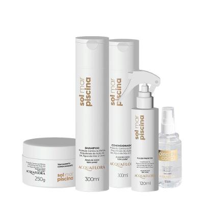 Kit de Tratamento Capilar Sol Mar Piscina Home Care Leave-in Oil 5 Produtos Acquaflora