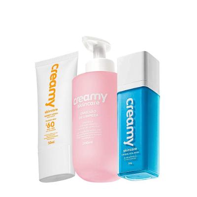 Kit Skincare Facial Emulsão de Limpeza Protetor Solar FPS60 Creme Ácido Glicólico Creamy