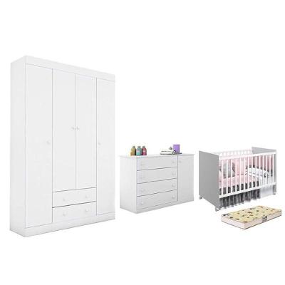 Conjunto de Quarto Helena Guarda Roupa Cômoda e Berço com Colchão Supreme Branco