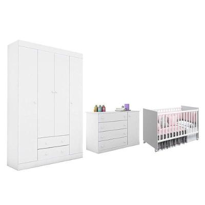 Conjunto de Quarto Dormitório Infantil Helena Guarda Roupa Cômoda e Berço 4 Portas MDP Branco