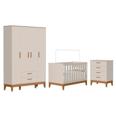 Conjunto de Quarto Flip Guarda Roupa 4 Portas Cômoda 4 Gavetas Berço 147CM Areia Fosco