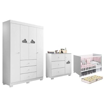 Conjunto de Quarto Ane Guarda Roupa Cômoda Berço 4 Portas 3 Gavetas MDF Branco Phoenix Baby