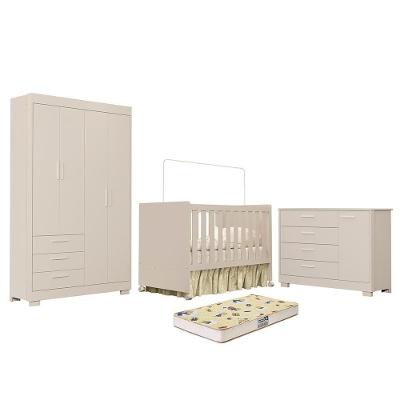Conjunto de Quarto Zaki com Guarda Roupa Cômoda Berço Katatau e Colchão Supreme Bege Reller Móveis
