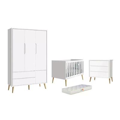 Conjunto de Quarto Theo com Guarda Roupa e Cômoda e Berço e Colchão D18 Branco Reller Móveis