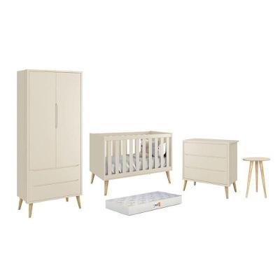 Conjunto de Quarto Theo com Guarda Roupa e Cômoda e Berço e Colchão e Mesa de Canto Bege Reller