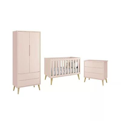 Conjunto de Quarto Theo com Guarda Roupa Berço e Cômoda MDF Rosa Reller Móveis
