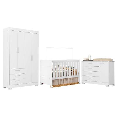 Conjunto de Quarto Zaki 4 Portas 3 Gavetas MDF 124CM Branco Fosco com Cômoda e Berço Reller Móveis