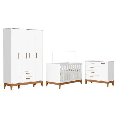 Conjunto de Quarto Flip Guarda Roupa 4 Portas Cômoda Berço Branco Fosco Reller Móveis