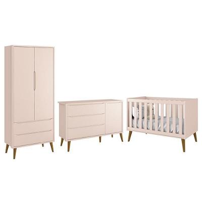 Conjunto de Quarto Theo Retrô com Guarda Roupa e Cômoda e Berço 2 Gavetas MDF Rosa Fosco Reller
