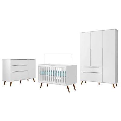 Conjunto de Quarto Melinda com Guarda Roupa Cômoda e Berço Retrô Branco Acetinado Phoenix Baby
