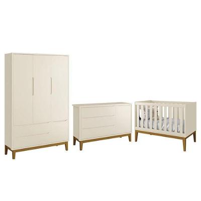 Conjunto de Quarto com Guarda Roupa Cômoda e Berço Mini Cama MDF Areia Fosco Reller Móveis