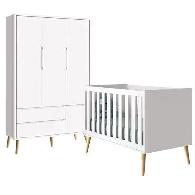 Conjunto de Quarto com Berço Americano e Guarda Roupa 3 Portas MDF Branco Fosco e Pés Madeira