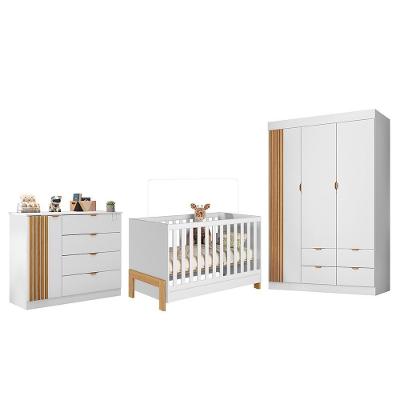 Conjunto de Quarto Ayla Guarda Roupa Cômoda e Berço com Acabamento em Pintura UV Branco Acetinado