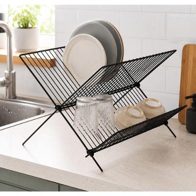 Suporte Escorredor de Pratos Dobrável Organizador de Louças Metal para Cozinha Preto