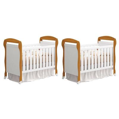 Kit Gêmeos Berço Americano Mini Cama Danny MDF Colchão Não Incluso Branco e Savana