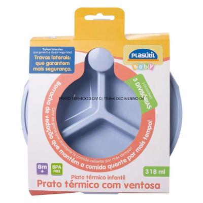 Prato Térmico Infantil 3 Divisórias com Trava Decorado Menino Plástico Resistente Azul Plasútil