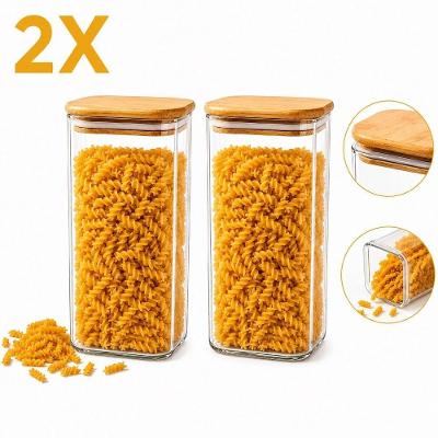 Kit 2 Pote Porta Mantimentos 1700ML Vidro Tampa Bambu Hermético Empilhável Cozinha Transparente