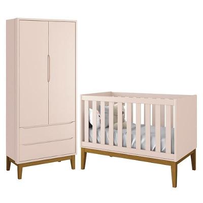 Jogo de Quarto Infantil Guarda Roupa 2 Portas e Berço Classic MDF Rosa Fosco com Pés Amadeirado