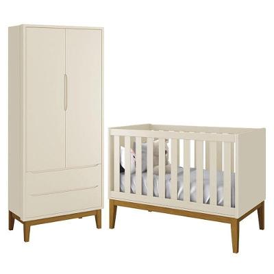Jogo de Quarto Infantil Guarda Roupa 2 Portas e Berço Classic 2 Gavetas MDF Areia Fosco Reller