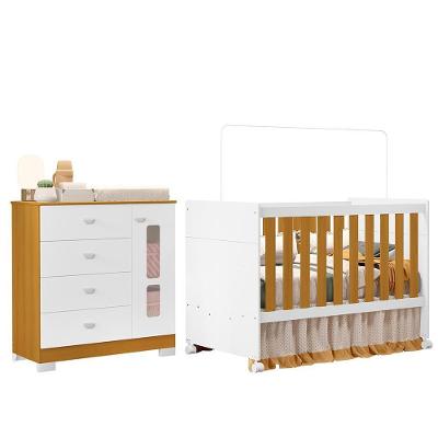 Jogo de Quarto Infantil Cômoda e Berço New Katatau MDF Branco Fosco e Savana Reller Móveis