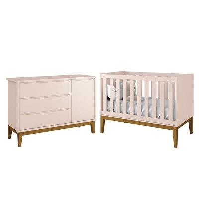 Jogo de Quarto Infantil Cômoda 1 Porta e Berço Classic 3 Gavetas MDF Rosa Fosco Reller Móveis