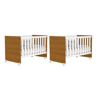Kit Gêmeos Berço Mel com 3 Regulagens e Rodízios Branco-Savana Reller Móveis 133CM