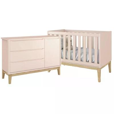Jogo de Quarto Classic Cômoda com Porta e Berço Americano MDF Rosa Fosco com Pés em Madeira Reller