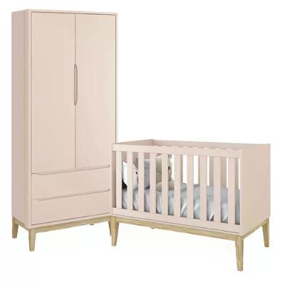 Jogo de Quarto Classic Guarda Roupa 2 Portas 2 Gavetas MDF Berço Americano Rosa Fosco Reller Móveis