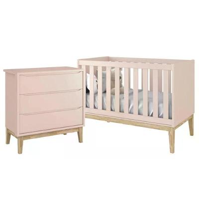Jogo de Quarto Classic Cômoda 3 Gavetas e Berço Americano MDF Rosa Fosco Reller Móveis
