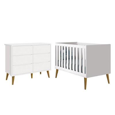 Jogo de Quarto Infantil Theo Cômoda 6 Gavetas e Berço MDF Branco Fosco com Pés Amadeirado Reller