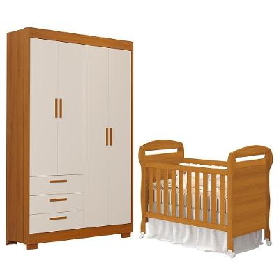 Jogo de Quarto Infantil Guarda Roupa Zaki e Berço Mini Cama Danny 4 Portas 3 Gavetas MDF Areia
