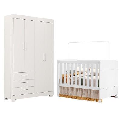 Jogo de Quarto Infantil Guarda Roupa e Berço Zaki Katatau MDF Branco Fosco Reller Móveis