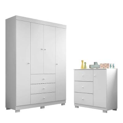 Jogo de Quarto Infantil Duda com Guarda Roupa e Cômoda 4 Portas 3 Gavetas MDF Branco Phoenix Baby
