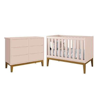 Jogo de Quarto Infantil Berço Americano e Cômoda 6 Gavetas MDF Puxador Embutido Rosa Fosco Reller