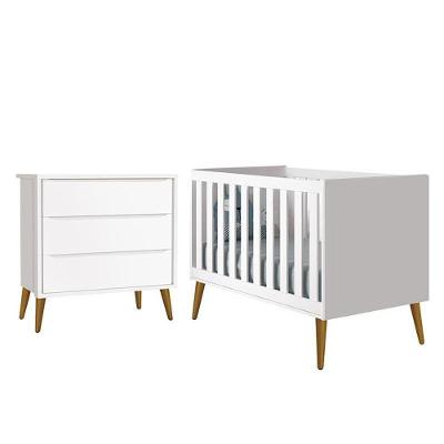 Jogo de Quarto Infantil Cômoda 3 Gavetas e Berço Americano Theo Retrô MDF Branco Fosco Reller Móveis