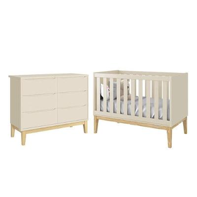 Jogo de Quarto Infantil Classic Cômoda 6 Gavetas e Berço MDF Puxador Embutido Areia Fosco Reller