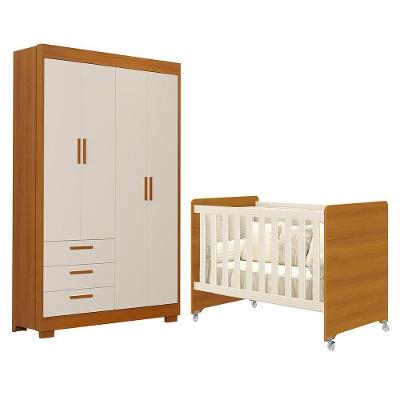 Jogo de Quarto Infantil Zaki e Evolution Guarda Roupa e Berço 4 em 1 Areia Fosco-savana