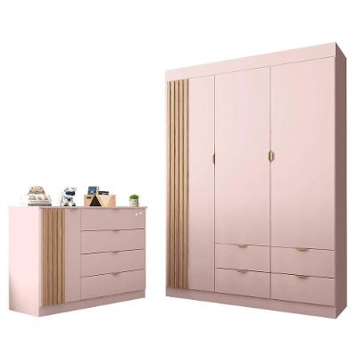 Jogo de Quarto Ayla com Guarda Roupa e Cômoda 4 Portas 8 Gavetas MDF Rosê Acetinado Phoenix Baby