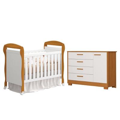 Jogo de Quarto Infantil Cômoda Zaki e Berço Mini Cama Danny 4 Gavetas MDF Branco Fosco Reller Móveis