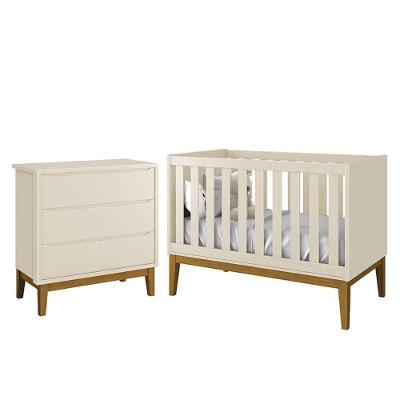 Jogo de Quarto Infantil Cômoda 3 Gavetas e Berço Classic MDF Areia Fosco com Pés Amadeirado Reller